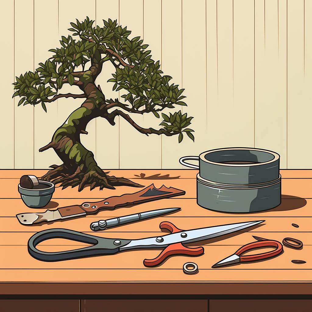 Bonsai pruning shears, concave cutters, and wire cutters on a wooden table