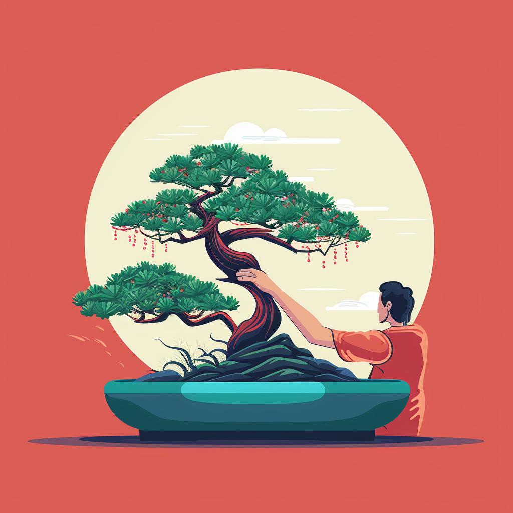 Hands gently removing a bonsai tree from its pot