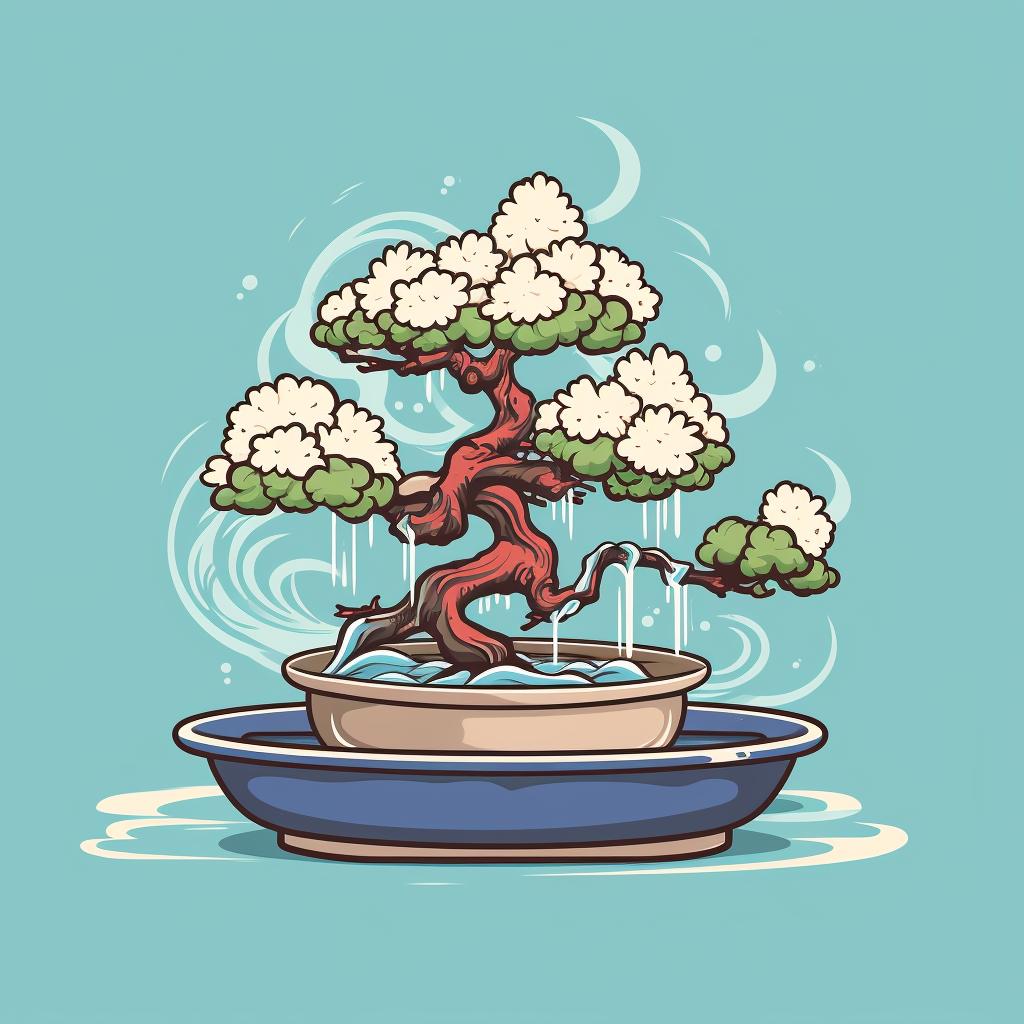 A bonsai tree being gently washed with a mild soap solution