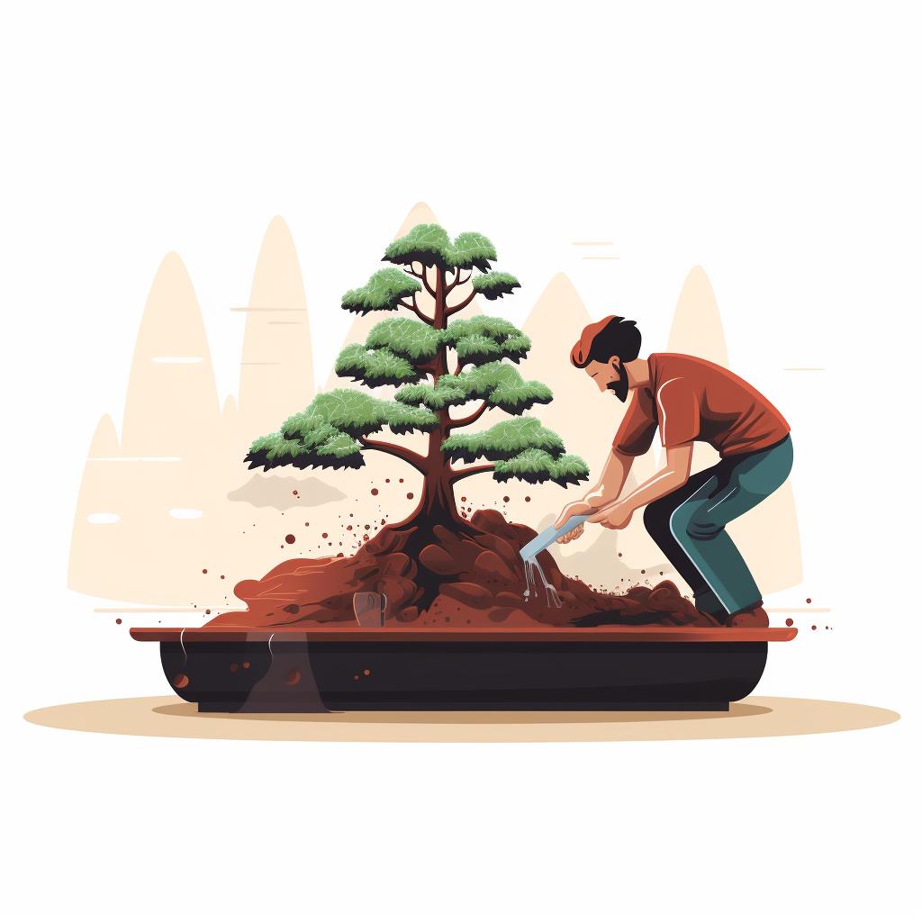 Applying bonsai fertilizer to the soil of a Redwood Bonsai