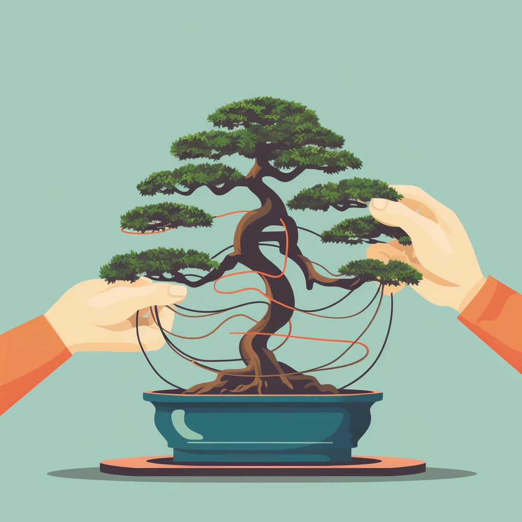 Hands shaping a Juniper Bonsai tree with a bonsai wire