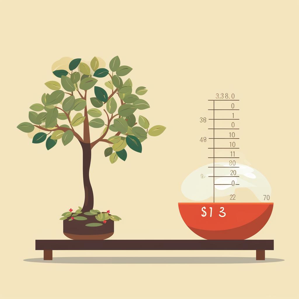 A thermometer next to a Money Tree Bonsai showing a temperature within the ideal range