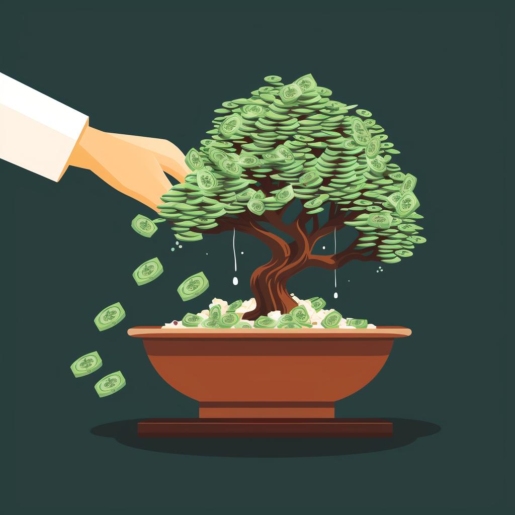 A hand applying bonsai fertilizer to a Money Tree Bonsai