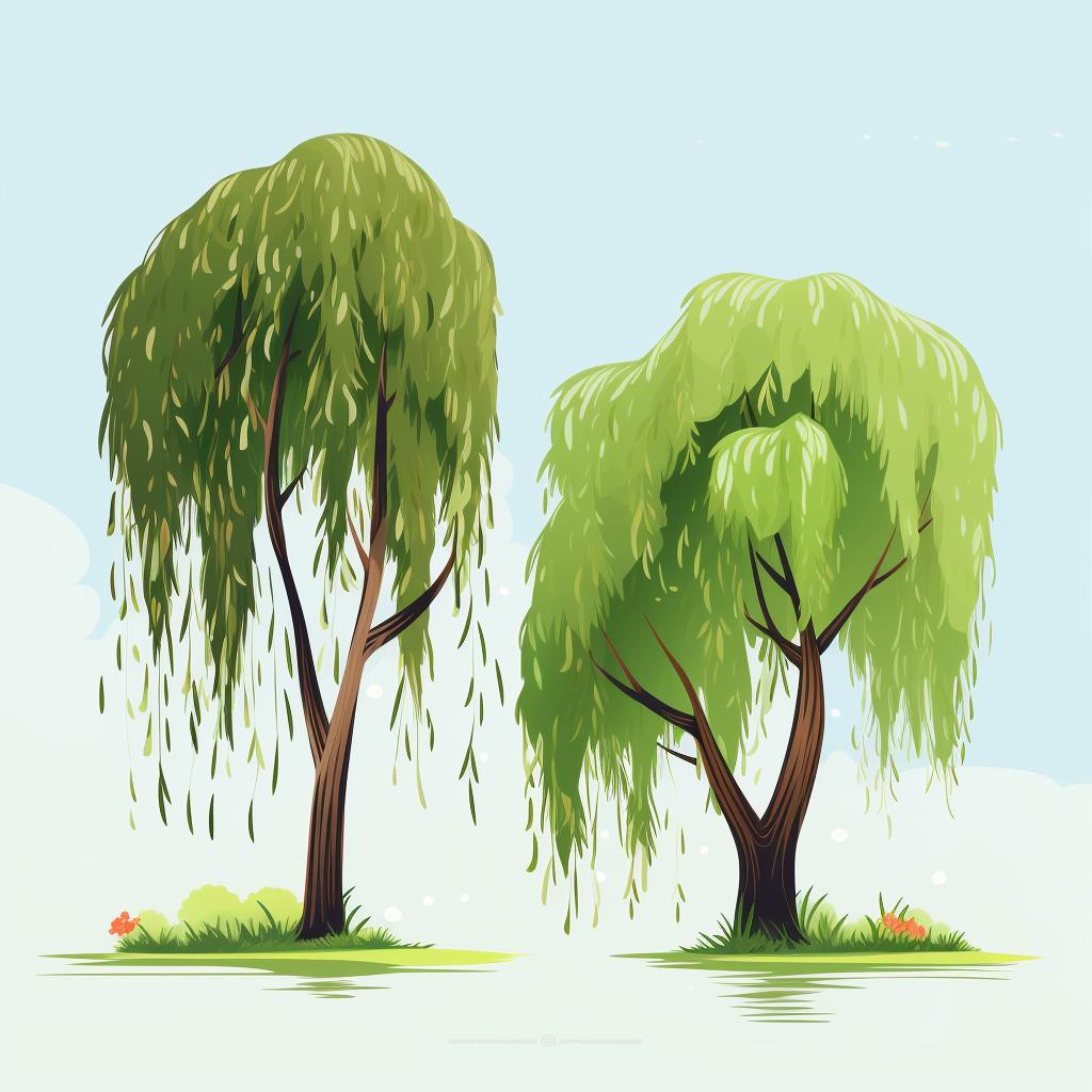 Young and old weeping willow trees