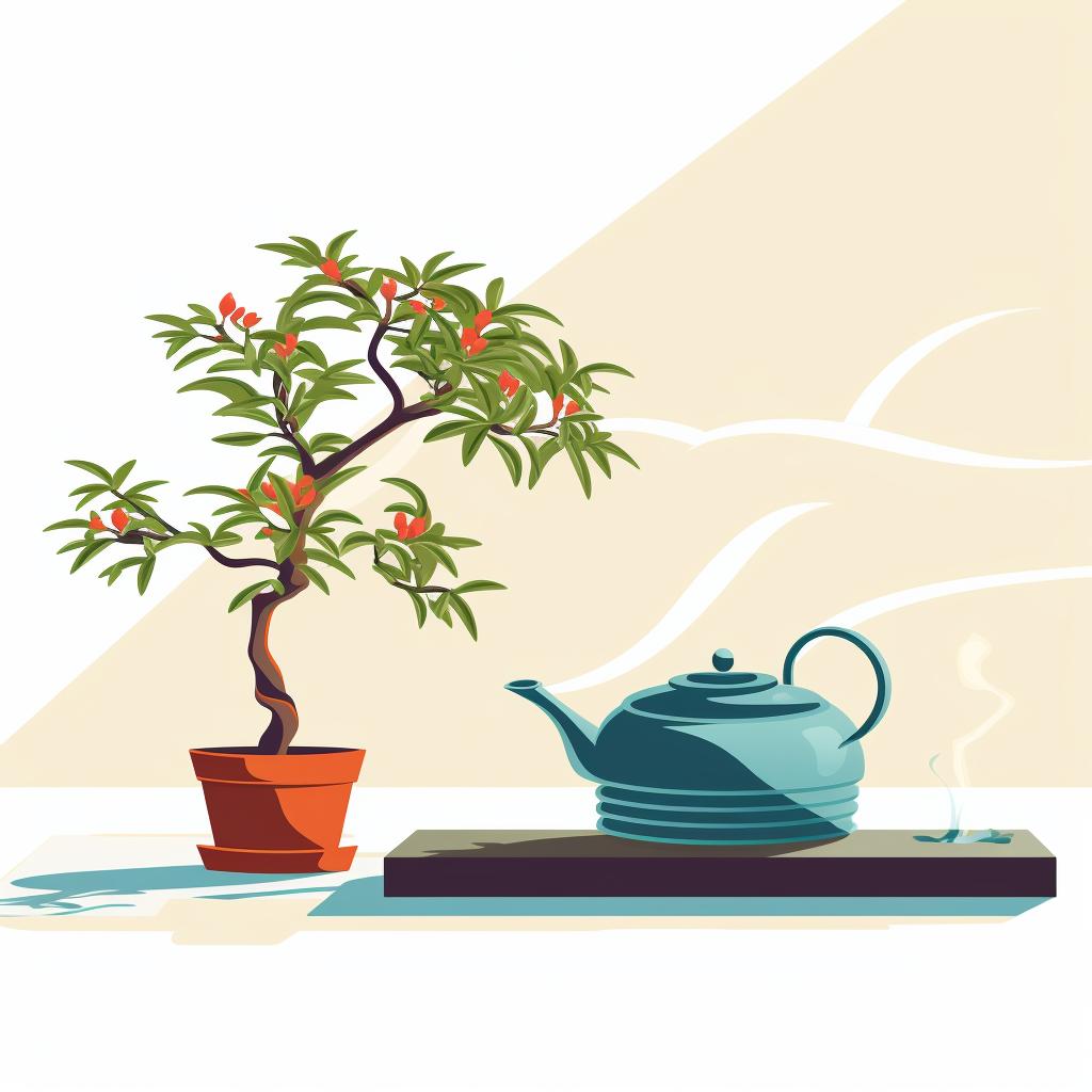 A young bonsai seedling in sunlight with a watering can nearby